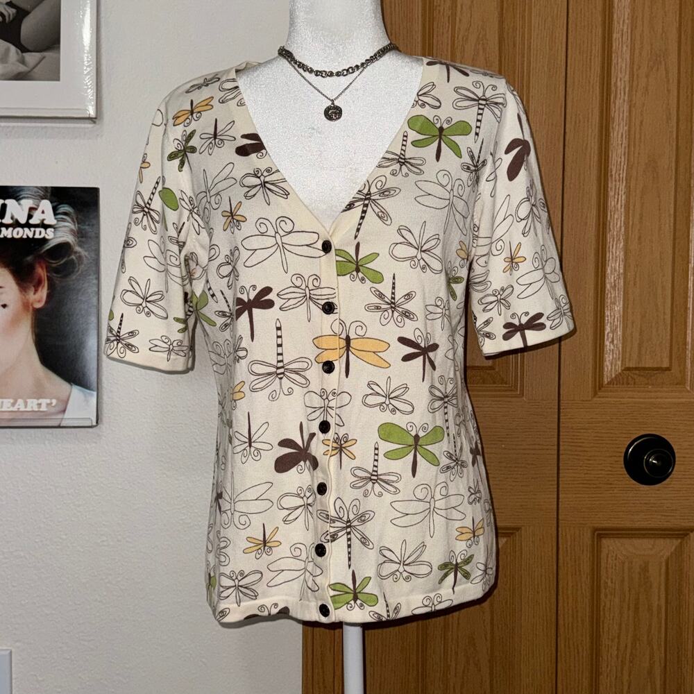 Christopher & Banks Dragonfly Button Down Top/Sweater Women's Size S Cottagecore